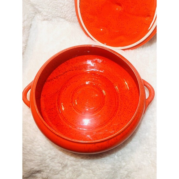 Vtg California Pottery 813 Orange Casserole Chafing Dish Maple Leaf Gold Accents - Picture 5 of 10